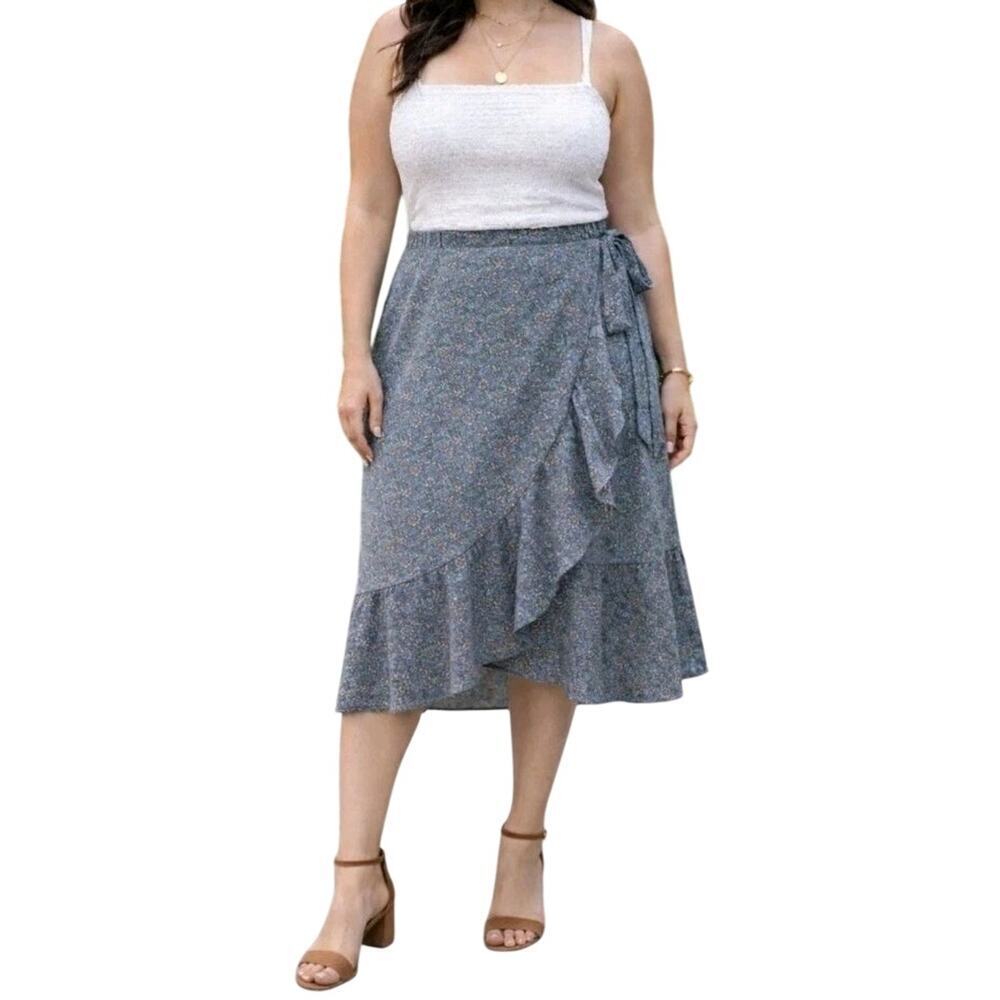 Max Studio Blue Floral Skirt Cottagecore Ruffle Side Tie Small